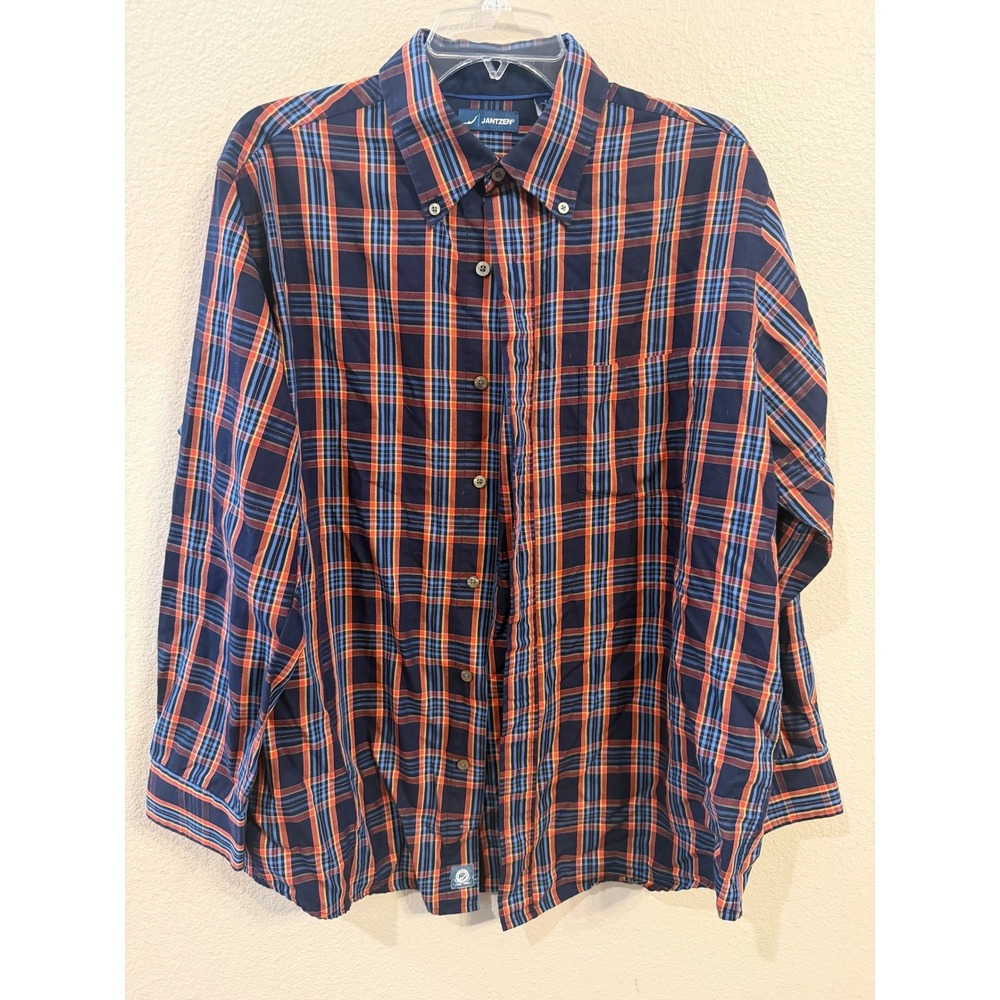 VINTAGE Jantzen Plaid Button Down Shirt Blue Orange Good Long Sleeve Cotton